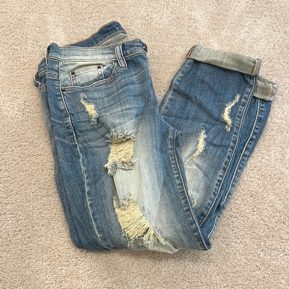 Blue Boyfriend Jeans with Distressed Design